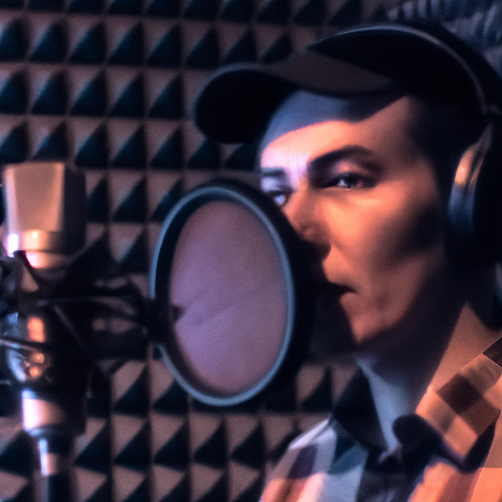 Interprète voix off dans un studio avec micro et filtre anti-pop
