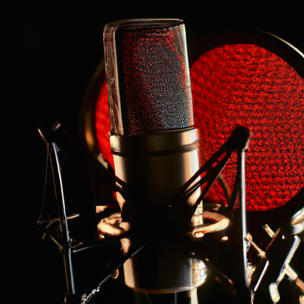 Studio de voix off avec micro professionnel et éclairage doux