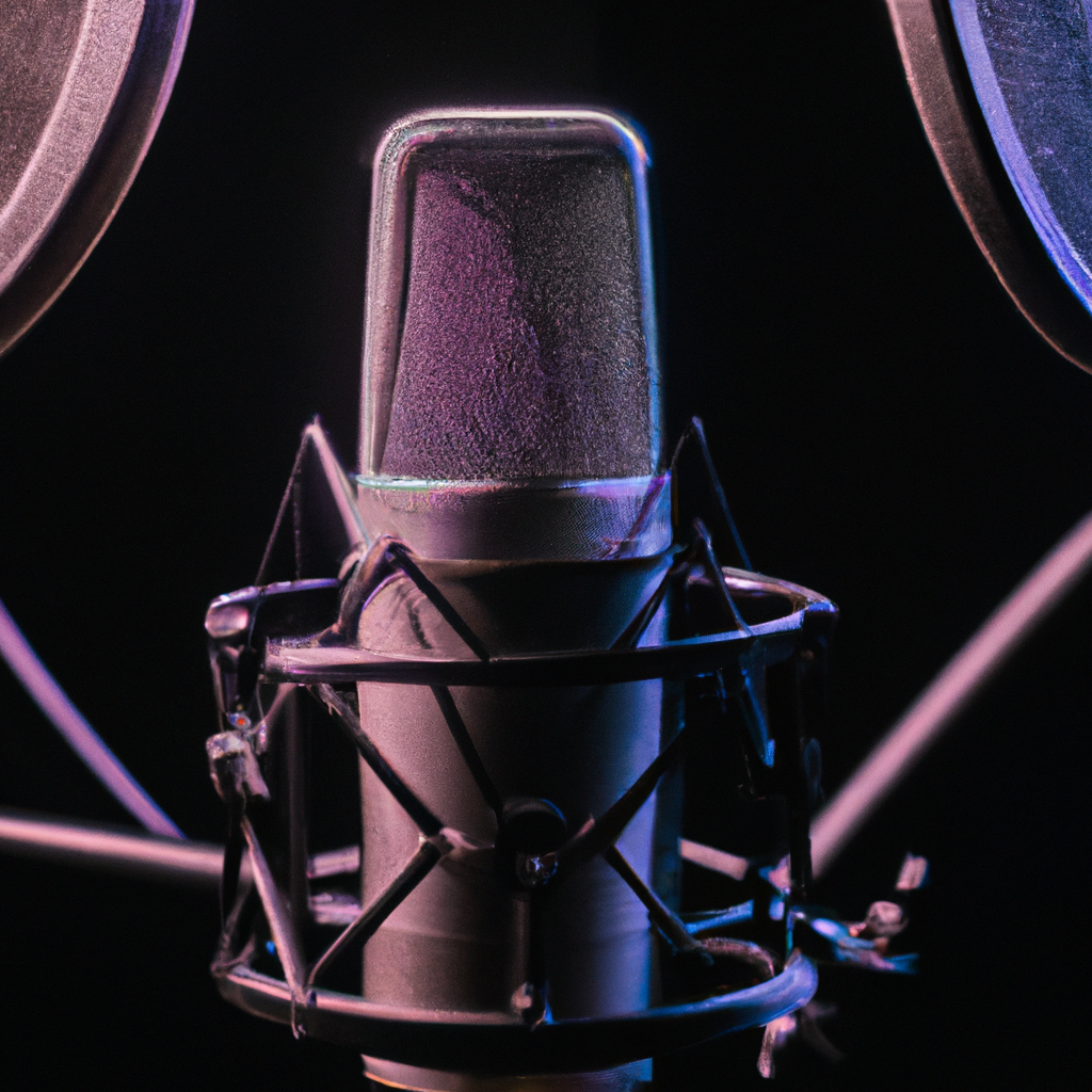 Microphone statique avec filtre anti-pop dans une cabine acoustique, texture douce et lumière minimaliste