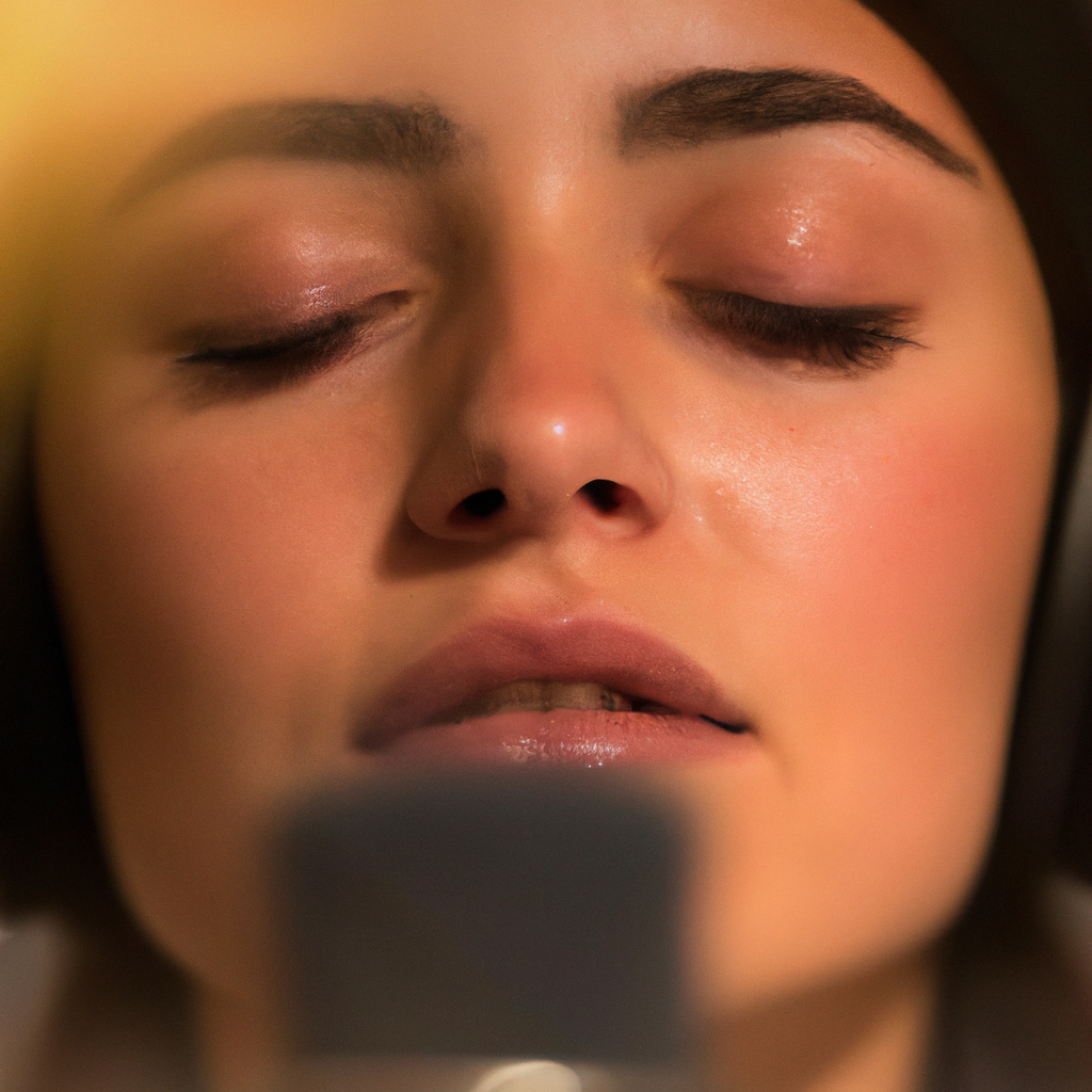 Comédienne voix off en cabine, tons chauds, écoute concentrée